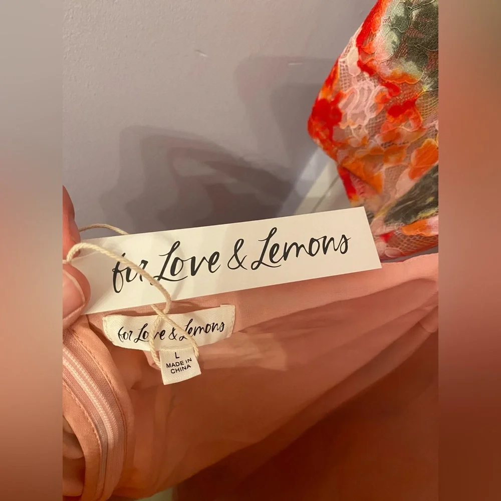 For Love & Lemons Dascha Puff Sleeve Mini Dress Light Pink Floral Lace Large NWT - Picture 13 of 16